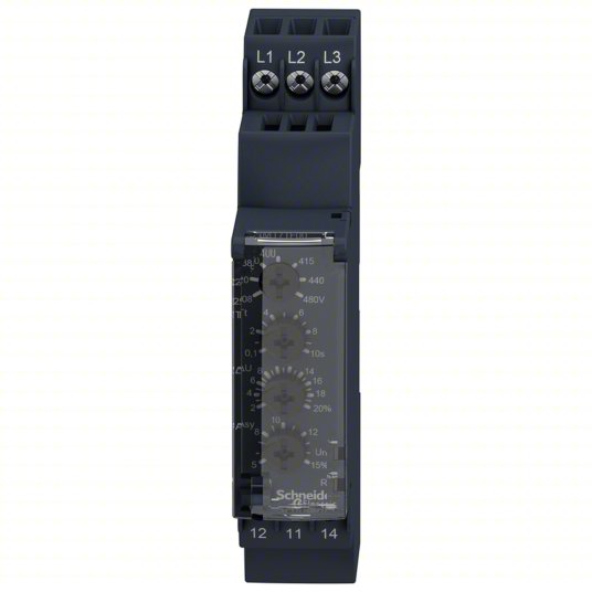 DIN-rail phase check relay, rated 5A, 208–480v AC range